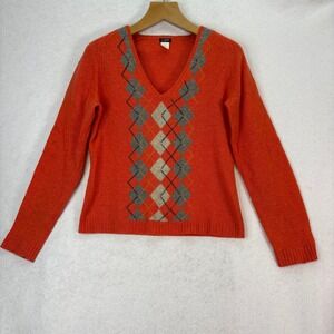 Vtg J.‎ Crew Orange Argyle V-Neck Lambs Wool Sweater Women's L Y2K Grandpa Indie